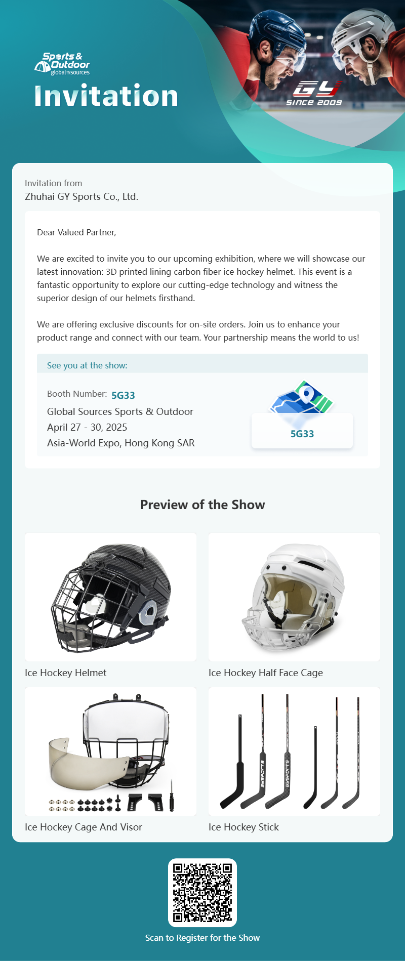 GY Global Sources Sports & Outdoor, 27.–30. dubna 2025, Asia-World Expo, Hong Kong SAR, číslo stánku. 5G33